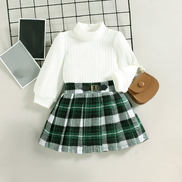 jsaierl Toddler Baby Girl Skirt Outfit Long Sleeve Turtleneck Knitwear Sweater Tops Plaid