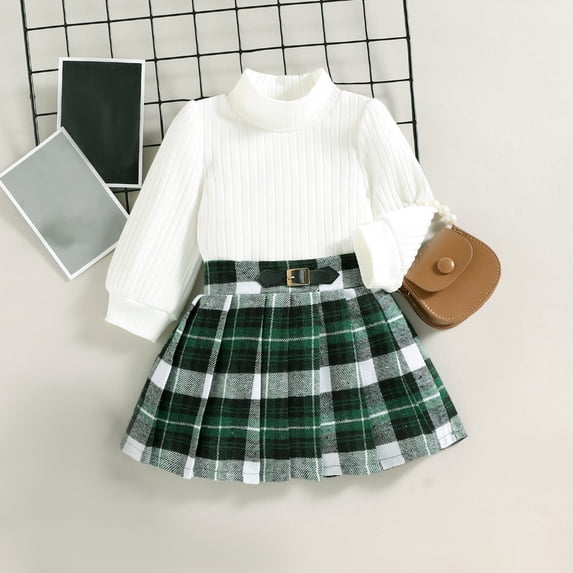 jsaierl Toddler Baby Girl Skirt Outfit Long Sleeve Turtleneck Knitwear Sweater Tops Plaid Pleated Mini Skirt Set Fall Winter Clothes 9M-3T