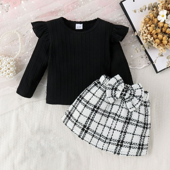 jsaierl Toddler Baby Girls Outfits 2 Pcs Ruffle Long Sleeve Tops and Plaid Woolen Skirt Dress Sets Infant Girls Cute Fall Winter Clothes 6M-3T