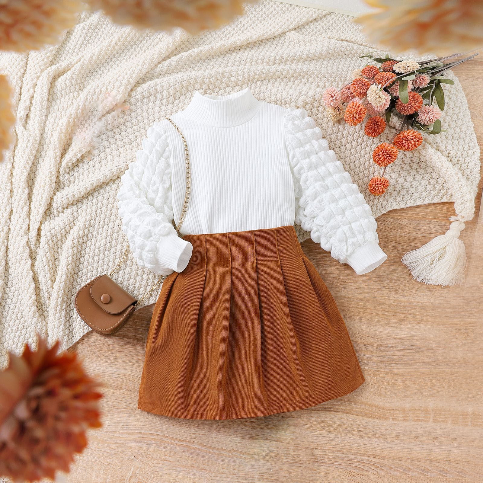 jsaierl Toddler Baby Girls Outfits 2 Pcs Turtleneck Knit Sweater Top and Pleated Corduroy Skirt Sets Fall Winter Clothes 4T 7T