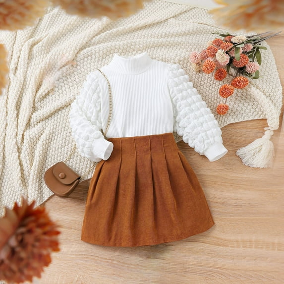 jsaierl Toddler Baby Girls Outfits 2 Pcs Turtleneck Knit Sweater Top and Pleated Corduroy Skirt Sets Fall Winter Clothes 4T-7T
