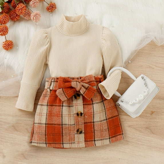 jsaierl Toddler Baby Girls Outfits Long Sleeve Knit Sweater Top and Plaid Skirt with Belt Sets Fall Winter Outfits 6M-3T