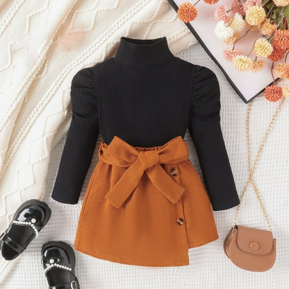jsaierl Toddler Girl Skirt Sets Baby 2Pcs Puff Long Sleeve Knitted Sweater Top Clothes Fall Winter Girl Outfit Cute Dress Set 6M-4T