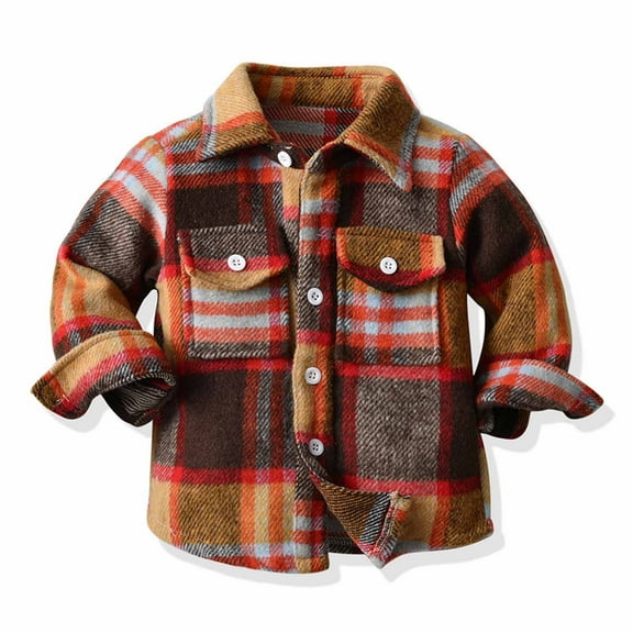 jsaierl Toddler Kids Baby Boys Girls Flannel Plaid Shirt Jacket Long Sleeve Button Down Tops Coat Shacket Jacket Fall Winter Clothes 3M-10T