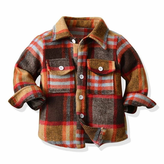 jsaierl Toddler Kids Baby Boys Girls Flannel Plaid Shirt Jacket Long Sleeve Button Down Tops Coat Shacket Jacket Fall Winter Clothes 3M-10T