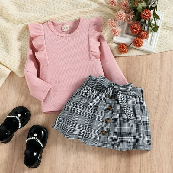 jsaierl Toddler Little Girl Fall Winter Outfit Long Sleeve Ruffle Knit Shirt Top Belt Mini Skirt 2 Piece Plaid Clothes Sets 1T-5T