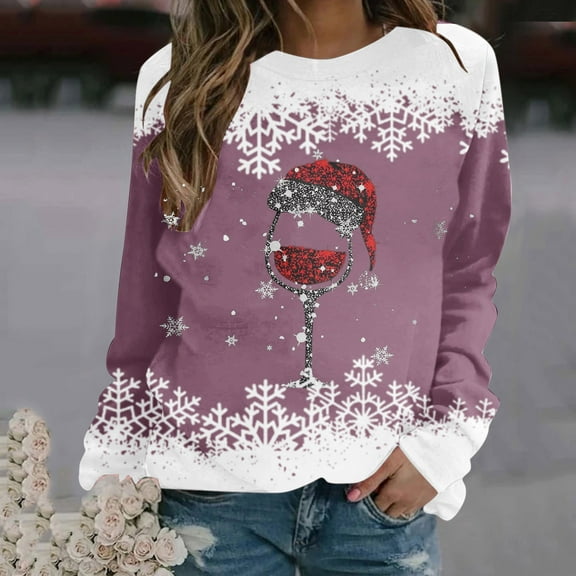 jsaierl Tops for Womens 2025 Christmas Cute Santa Hat Glass Shirts Printed Tshirts Long Sleeve Pullover Casual Sweatshirts