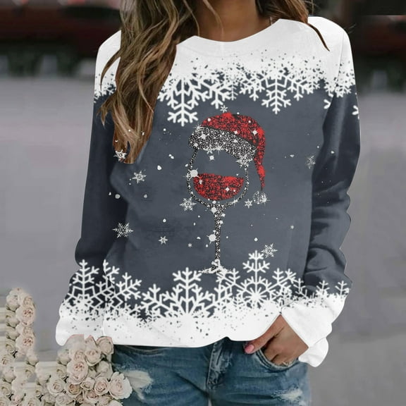 jsaierl Tops for Womens 2024 Christmas Cute Santa Hat Glass Shirts Printed Tshirts Long Sleeve Pullover Casual Sweatshirts