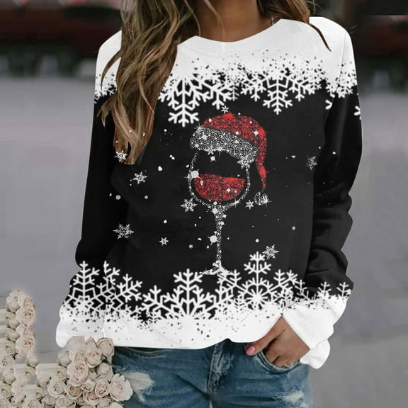 jsaierl Tops for Womens 2025 Christmas Cute Santa Hat Glass Shirts Printed Tshirts Long Sleeve Pullover Casual Sweatshirts