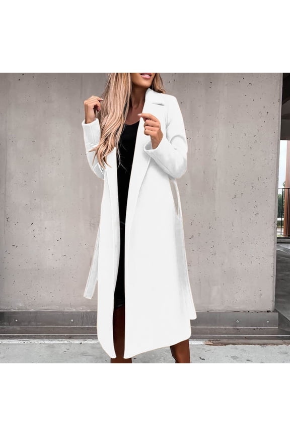 Trench Coats for Women Faux Wool Coat Winter Notched Lapel Open Front Trench Jacket Split Slim Business Pea Coat Long Office Overcoat Outwear with belt