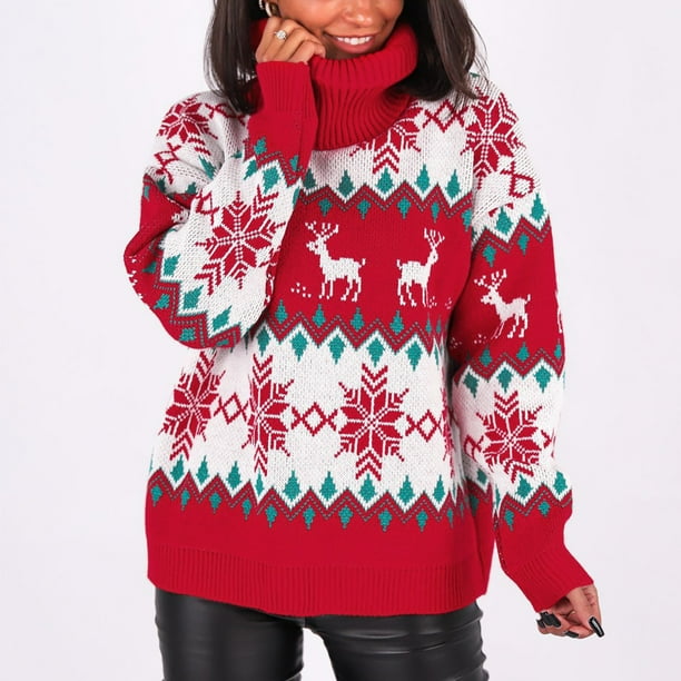 Jsaierl Ugly Christmas Sweater Women Knit Turtleneck Print Top Long Sleeve Cozy Color Block Holiday Pullover Sweater Christmas Gifts for Women