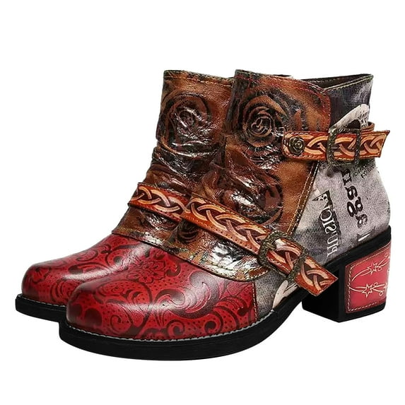 jsaierl Vintage Print Color Matching High-heeled Fashion Belt Buckle Women's Boots