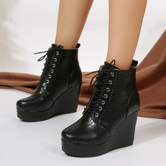 jsaierl Wedge Platform Boots for Women, Round Toe Lace up Zip High Heel Combat Wedge Ankle Boots