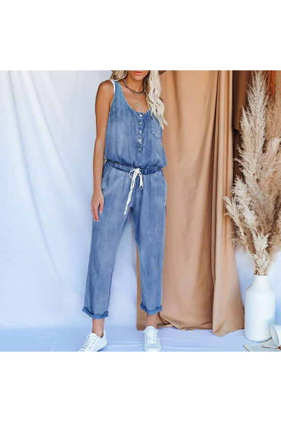 Wide Leg Jumpsuits for Women, Denim Jumpsuit for Women Casual Off Shoulder Denim Jeans Pocket Sleeveless Jumpsuits Rompers