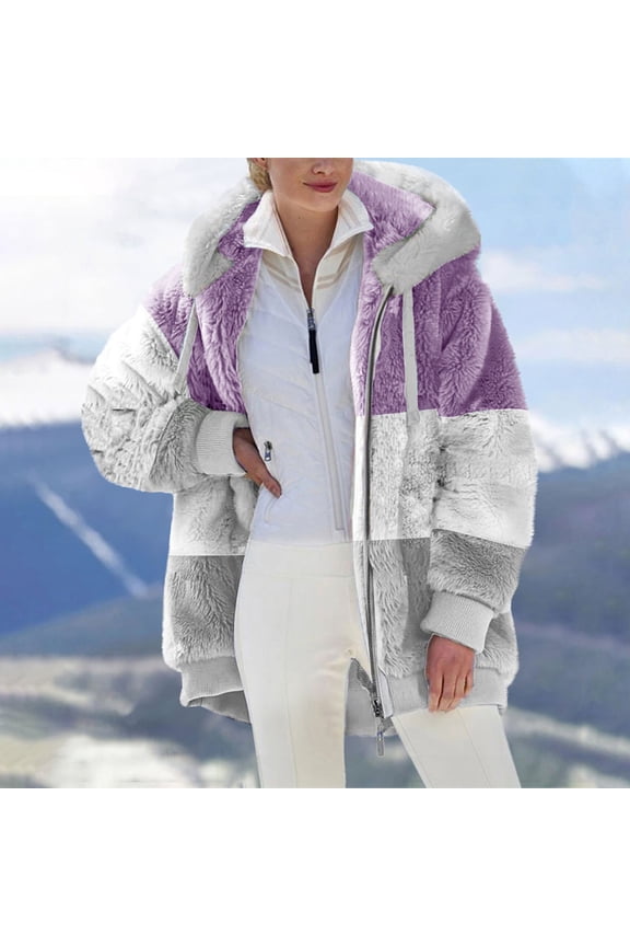 Winter Plush Coat for Women Color Block Long Sleeve Cardigan Casual Loose Fit Hooded Jacket Cover Ups Clothes