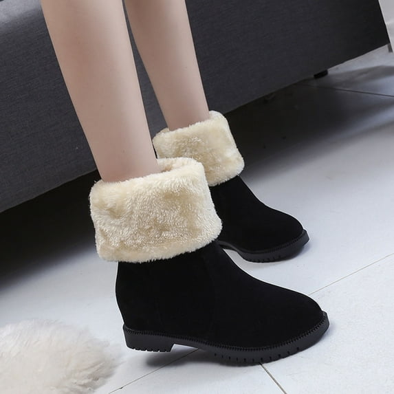 jsaierl Winter Snow Boots for Women,Comfortable Slip On Mid Chunky Heel Suede Warm Fur Lined Ankle Boots Outdoor Cute Flat Shoes