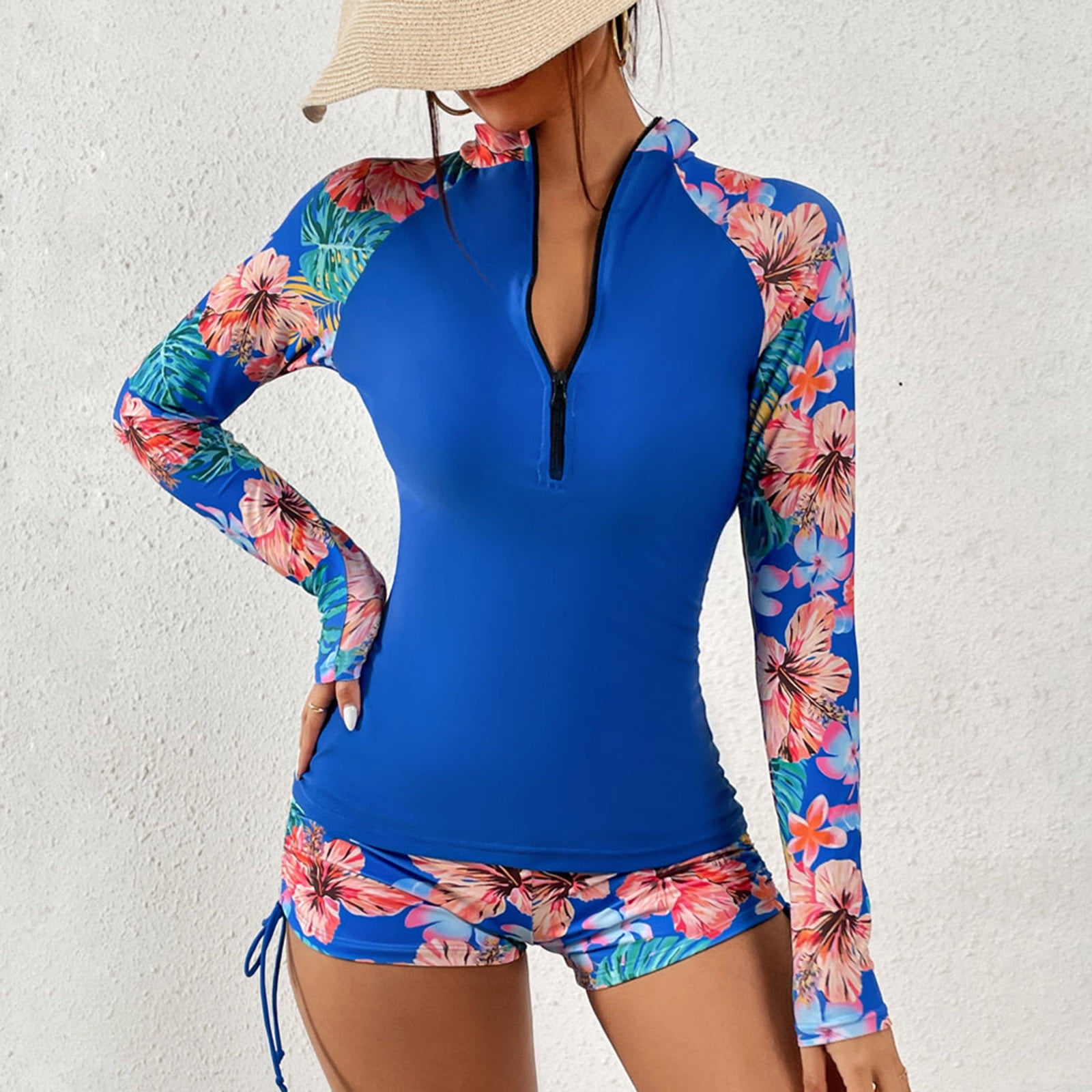 jsaierl Womens Swimsuits One Piece Quarter Zip Rash Guard Bathing Suit  Tropical Print Short Sleeve Modest Swimwear Monokini for Beach Party  Vacation 