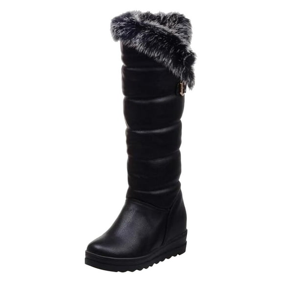 jsaierl Women Boots Metal Buckle Thick Fleece Slip-on Platform Mid-heel Solid Color Winter Warm Knee High Snow Boots