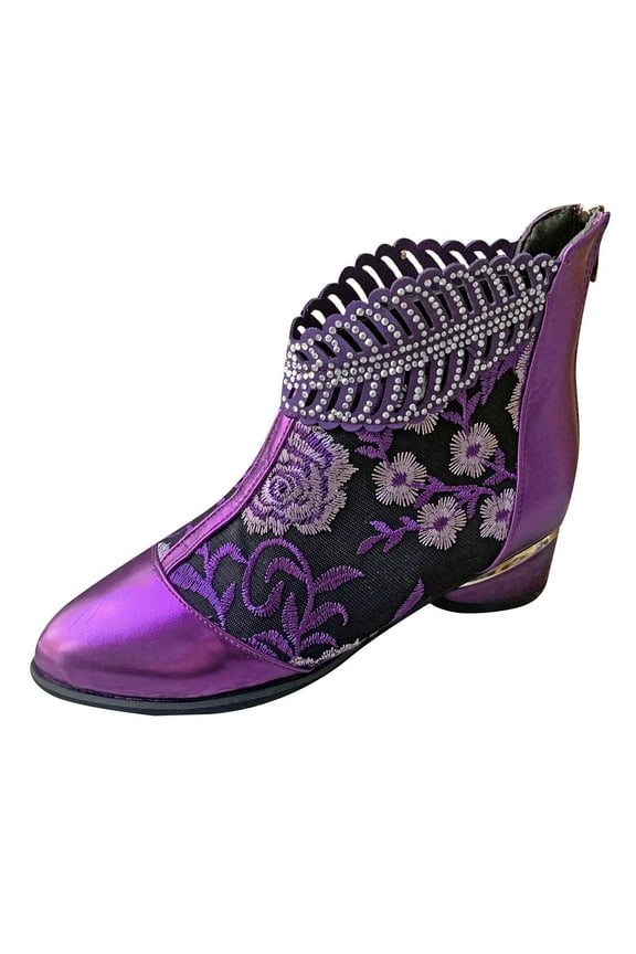 Women Boots Retro Embroidered Rhinestone Thick Heel Shoes Boots Plus Size Boots