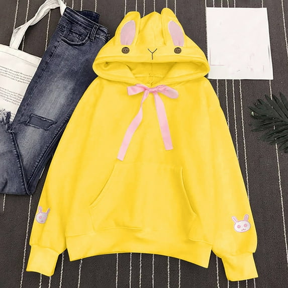 jsaierl Women Bunny Ears Hoodie Kawaii Anime Aesthetic Cute Japanese Rabbit Long Sleeve Top Hooded Sweatshirt Pullover Sweater