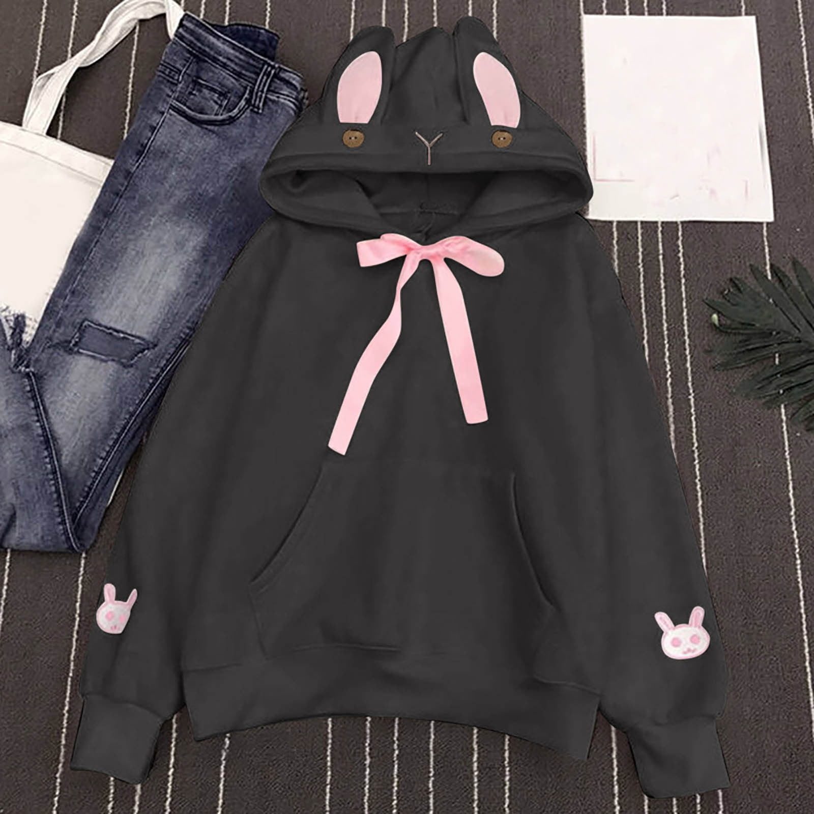 jsaierl Women Bunny Ears Hoodie Kawaii Anime Aesthetic Cute