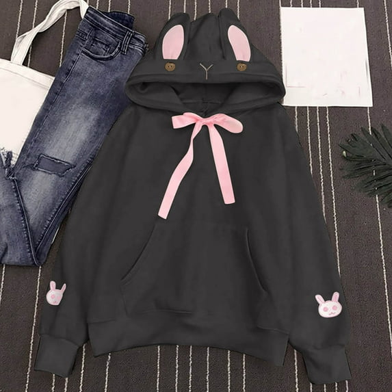 jsaierl Women Bunny Ears Hoodie Kawaii Anime Aesthetic Cute Japanese Rabbit Long Sleeve Top Hooded Sweatshirt Pullover Sweater