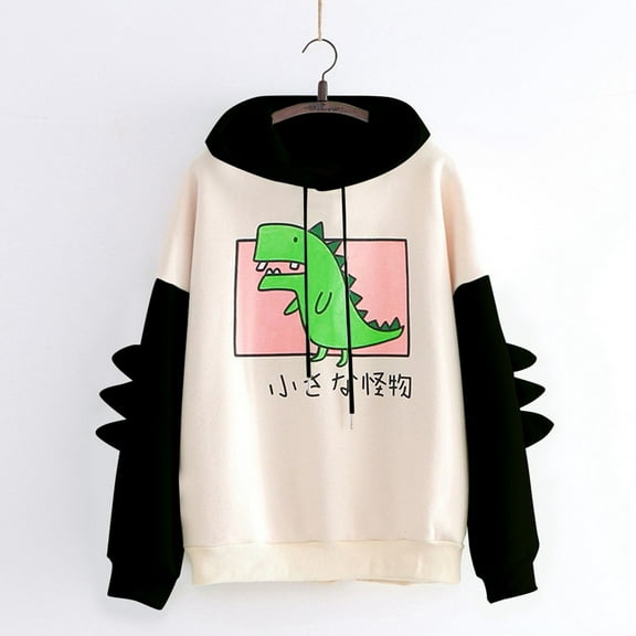 jsaierl Women Casual Dinosaur Hoodie Kawaii Pullover Cute Hooded Sweatshirt For Teengirls Long Sleeve Splice Tops