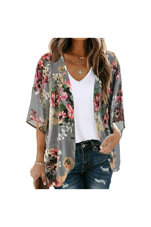 Women Casual Floral Chiffon Kimono Cardigan Puff Sleeve Lightweight Cardigan Summer Beach Cover Up Open Front Tops