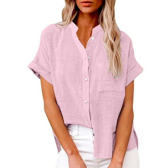 jsaierl Women Casual Stand Collar Short Sleeve Solid Color Shirt Top Single-Breasted Cardigan Blouse With Pockets