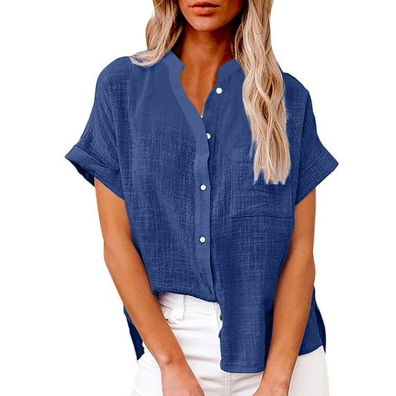 jsaierl Women Casual Stand Collar Short Sleeve Solid Color Shirt Top Single-Breasted Cardigan Blouse With Pockets