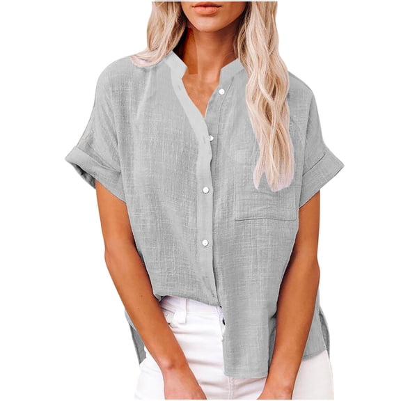 jsaierl Women Casual Stand Collar Short Sleeve Solid Color Shirt Top Single-Breasted Cardigan Blouse With Pockets