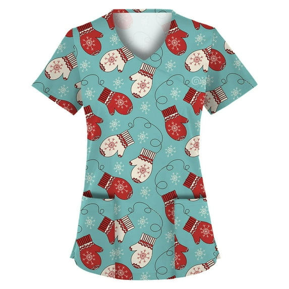 jsaierl Women Christmas Scrub Tops V-Neck Short Sleeve Snowman Graphic Top Working T Shirts Nurse Uniform Soft Lightweight Blouse Tees with Pockets
