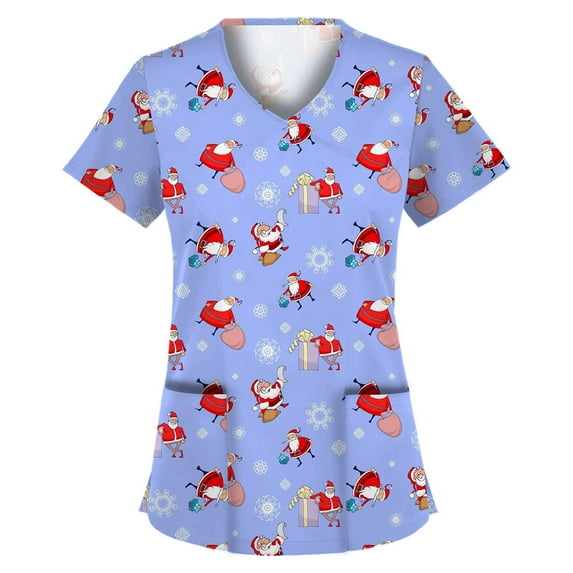 jsaierl Women Christmas Scrub Tops V-Neck Short Sleeve Snowman Graphic Top Working T Shirts Nurse Uniform Soft Lightweight Blouse Tees with Pockets