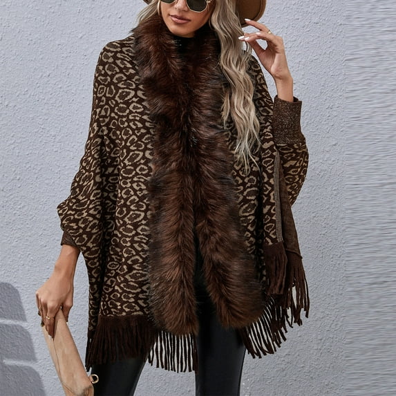 jsaierl Women Fashion Casual Knitted Leopard Print Faux Fur Collar Tassels Sweater Long Sleeve Cardigan Tops