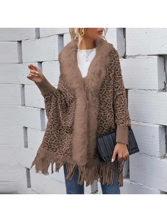 Women Fashion Casual Knitted Leopard Print Faux Fur Collar Tassels Sweater Long Sleeve Cardigan Tops