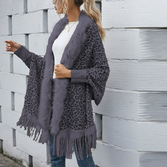 jsaierl Women Fashion Casual Knitted Leopard Print Faux Fur Collar Tassels Sweater Long Sleeve Cardigan Tops