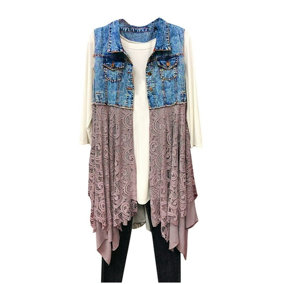 jsaierl Women Fashion Denim Vest Splicing Lace Hem Jacket Sleeveless Outerwear Vest Coat