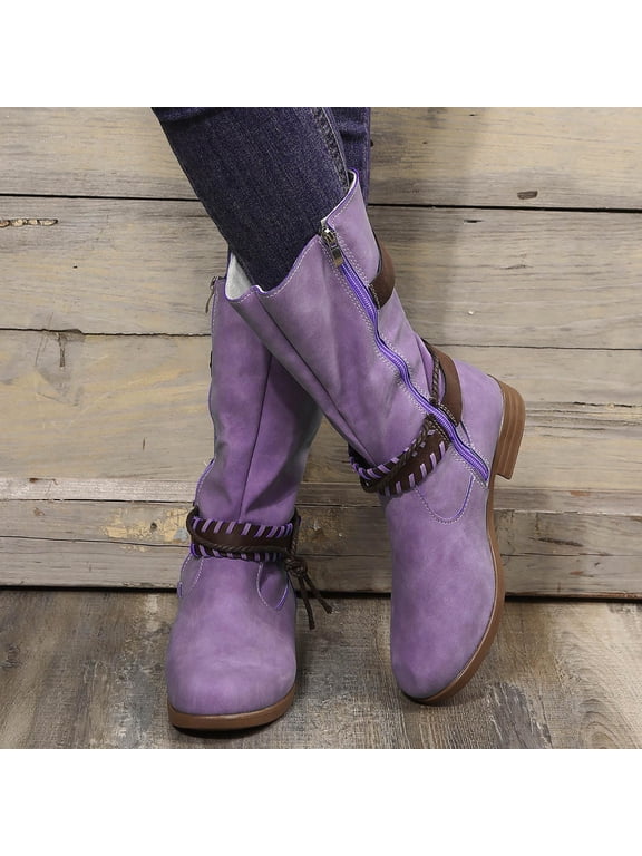 Women Fashion Shoes Retro Western Boots Casual Warm Low Heels Mid-calf Boots