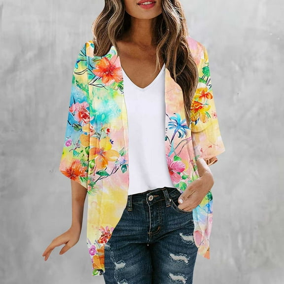 jsaierl Women Floral Print Lightweight Chiffon Kimono Cardigan Short Sleeve Loose Beach Wear Cover Up Blouse Top
