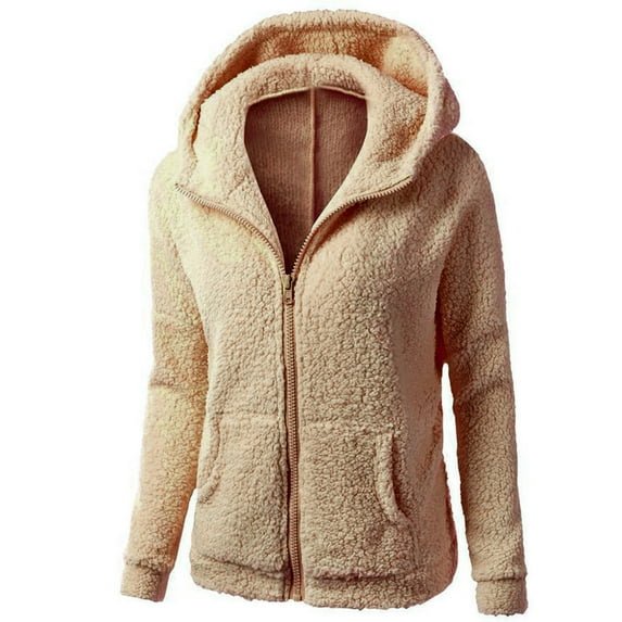 jsaierl Women Hooded Fleece Fuzzy Coat Winter Warm Full Zipper Jacket Coat Plush Coat Outwear