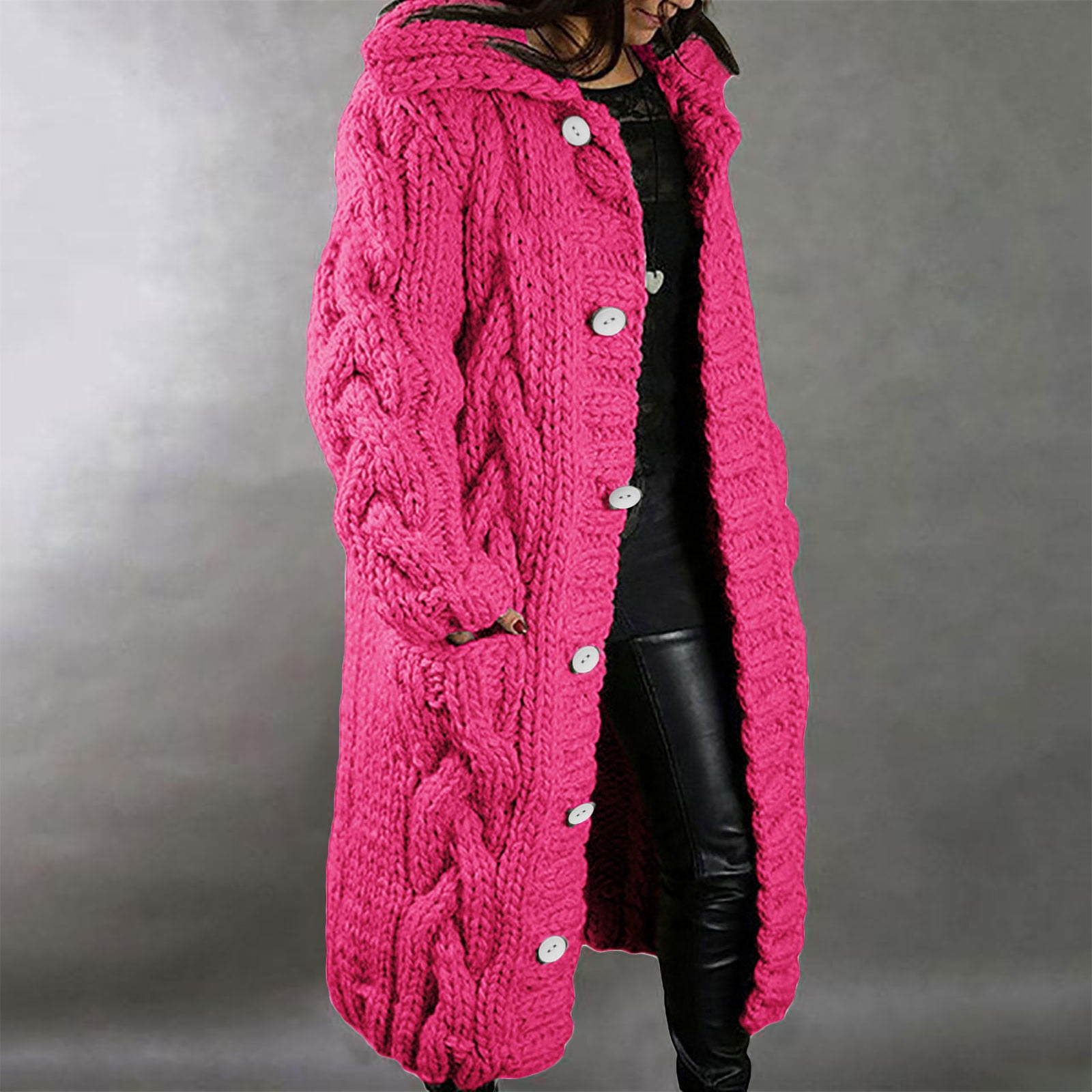 Long Hooded Open Front Solid Color Knitted Sweater Cardigan main image 0