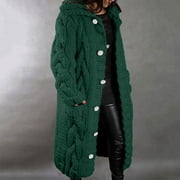 jsaierl Women Hooded Open Front Cardigan Cable Knit Sweaters Solid Color Button Down Chunky Long Sweater Coats with Pocket