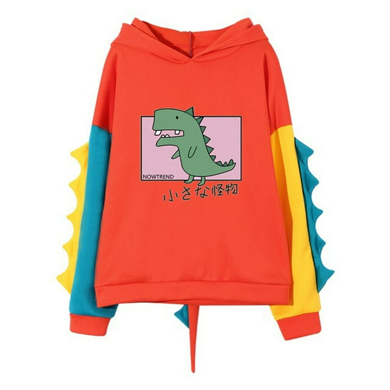 jsaierl Women Hoodies Zip Up Fleece Women s Teens Girls Dinosaur Hoodie Long Sleeves Color Block Drawstring Cute Kawaii Cartoon Sweatshirt Pullover