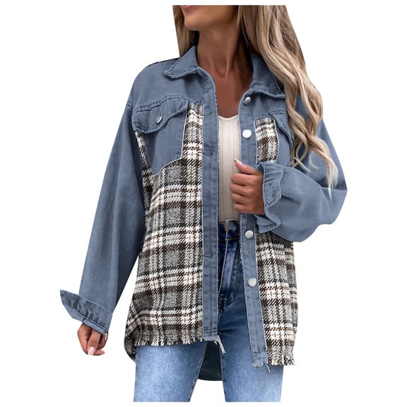 jsaierl Women Jean Jacket Long Sleeve Button Down Plaid Oversized Denim Shacket Jackets
