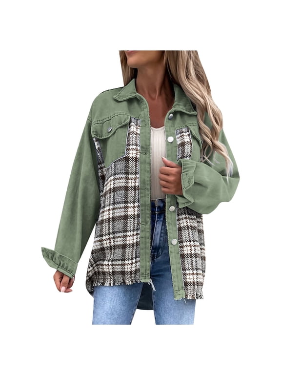 Women Jean Jacket Long Sleeve Button Down Plaid Oversized Denim Shacket Jackets