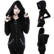 jsaierl Women Loose Gothic Punk Long Sleeve Hooded Black Cardigan Zipper Jacket Coat