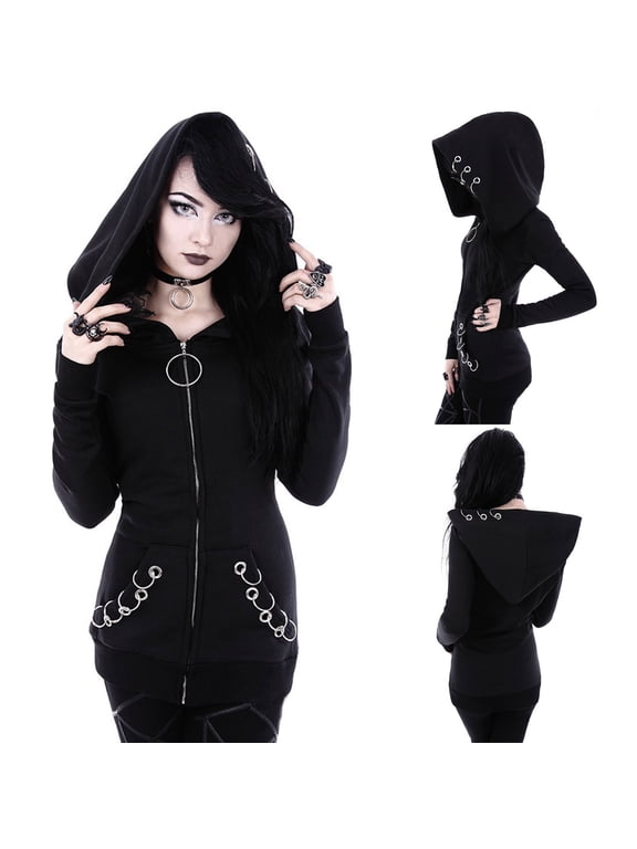 Women Loose Gothic Punk Long Sleeve Hooded Black Cardigan Zipper Jacket Coat