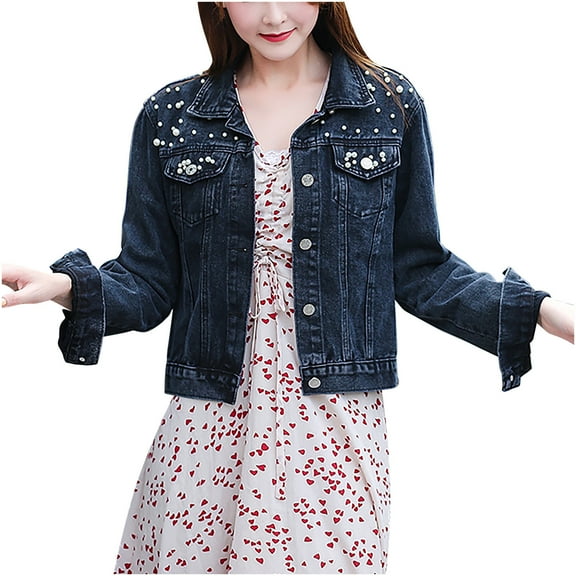 jsaierl Women Oversized Denim Jacket Embroidered Pearls Beading Cropped Jeans Coat