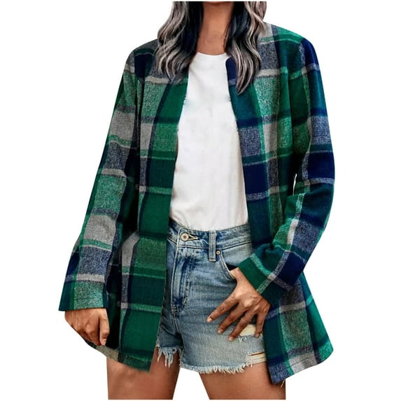 jsaierl Women Plaid Shacket Jackets Casual Long Sleeve Loose Lapel Cardigan Jacket Coat With Pocket