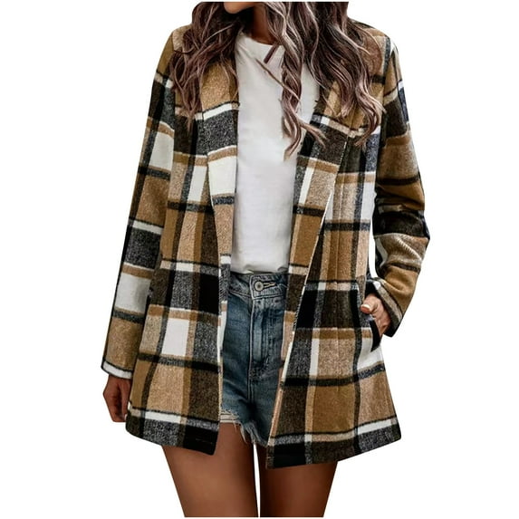 jsaierl Women Plaid Shacket Jackets Casual Long Sleeve Loose Lapel Cardigan Jacket Coat With Pocket